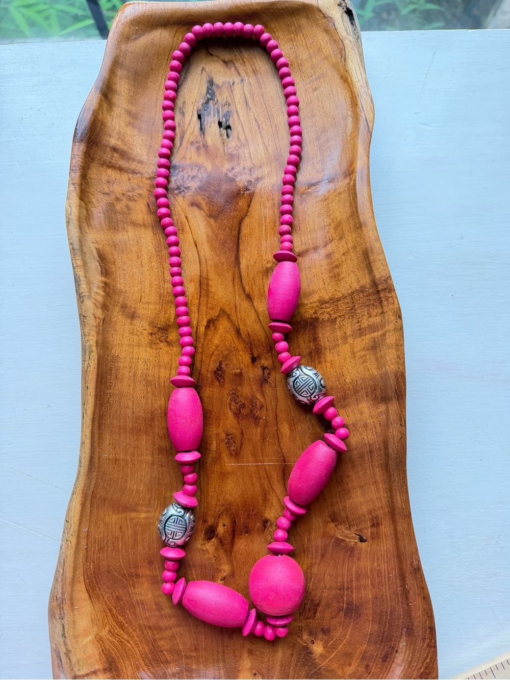 Chunky Pink Statement Necklace Wooden Bead Boho Necklace Silver Accent Beads